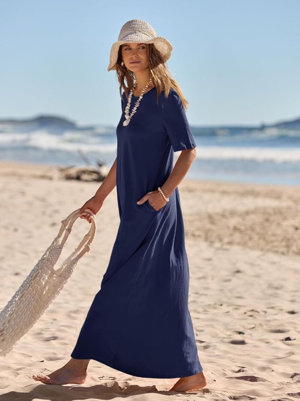 Women's Navy Summer Casual Maxi Dress Vacation Crew Neck Short Sleeve Dress - Picture 6 of 6